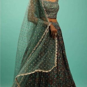 Green and Gold Embellished A-Line Lehenga Set